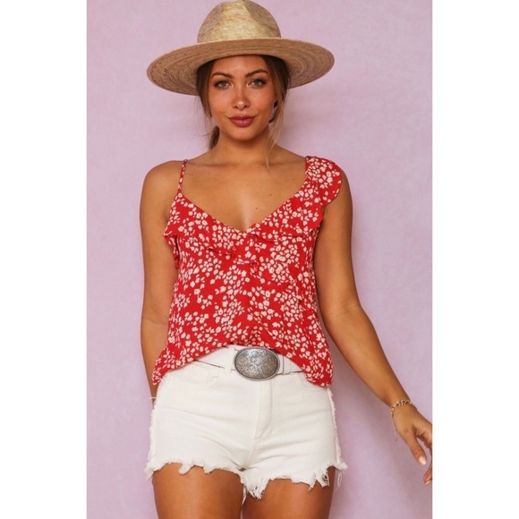 Fantastic Fawn Red Ditzy Floral Ruffle V Neck Cami Top - Picture 2 of 10